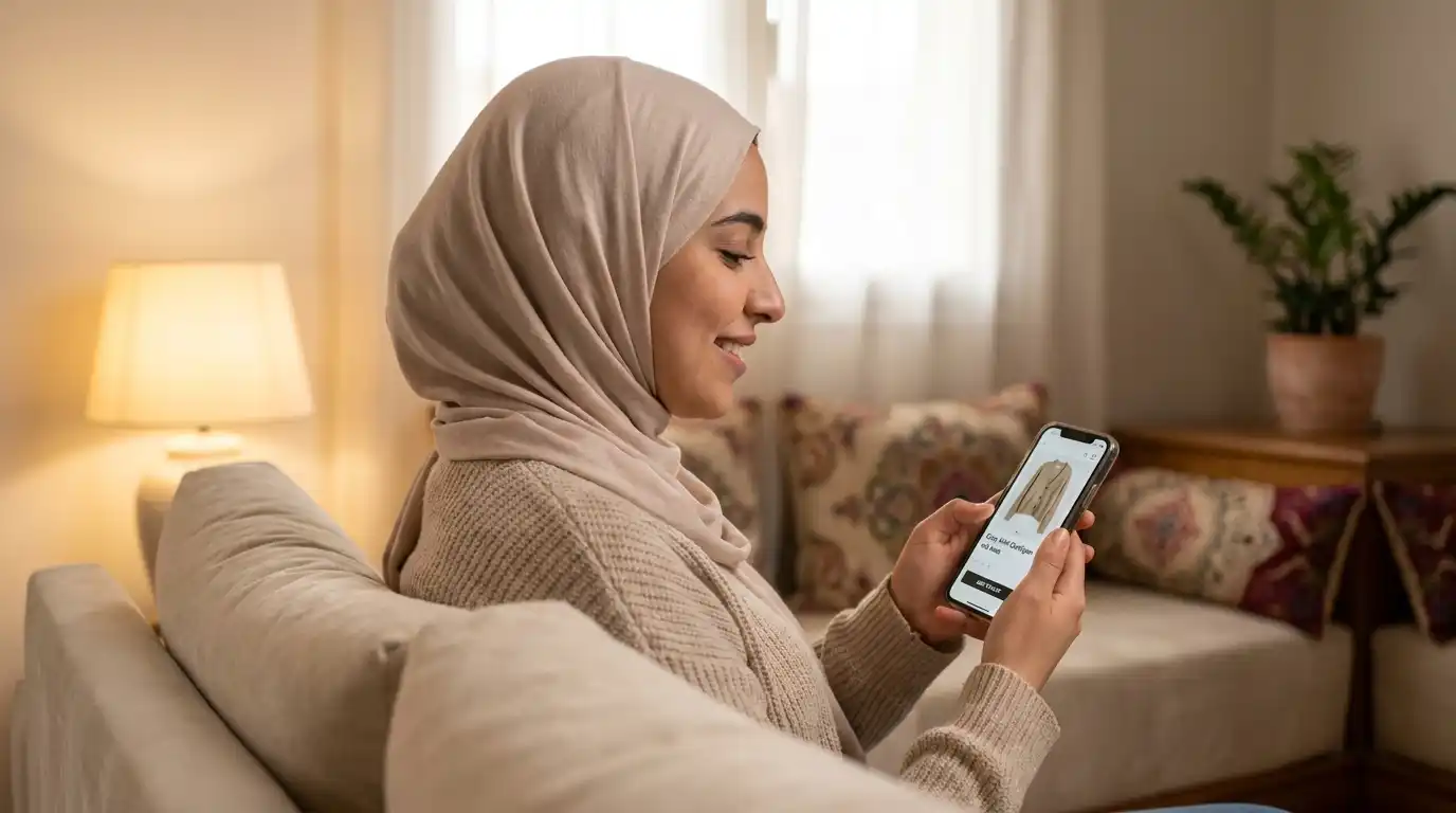 امرأة تتصفح متجراً إلكترونياً عند تصميم متجر إلكتروني بالقنيطرة